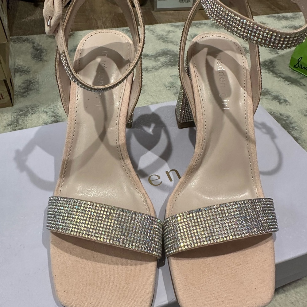 Madden Girl Cream Silver Heels with Rhinestone Embellishments